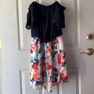 Large Blue, White and Floral Off the Shoulder Dress